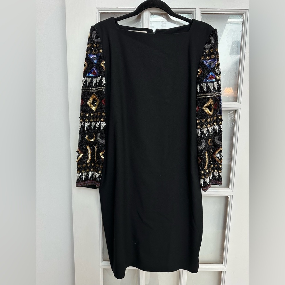 Vintage A.J. Bari Beaded Sequin Black Shift Dress Cocktail Party Elegant Size 12
